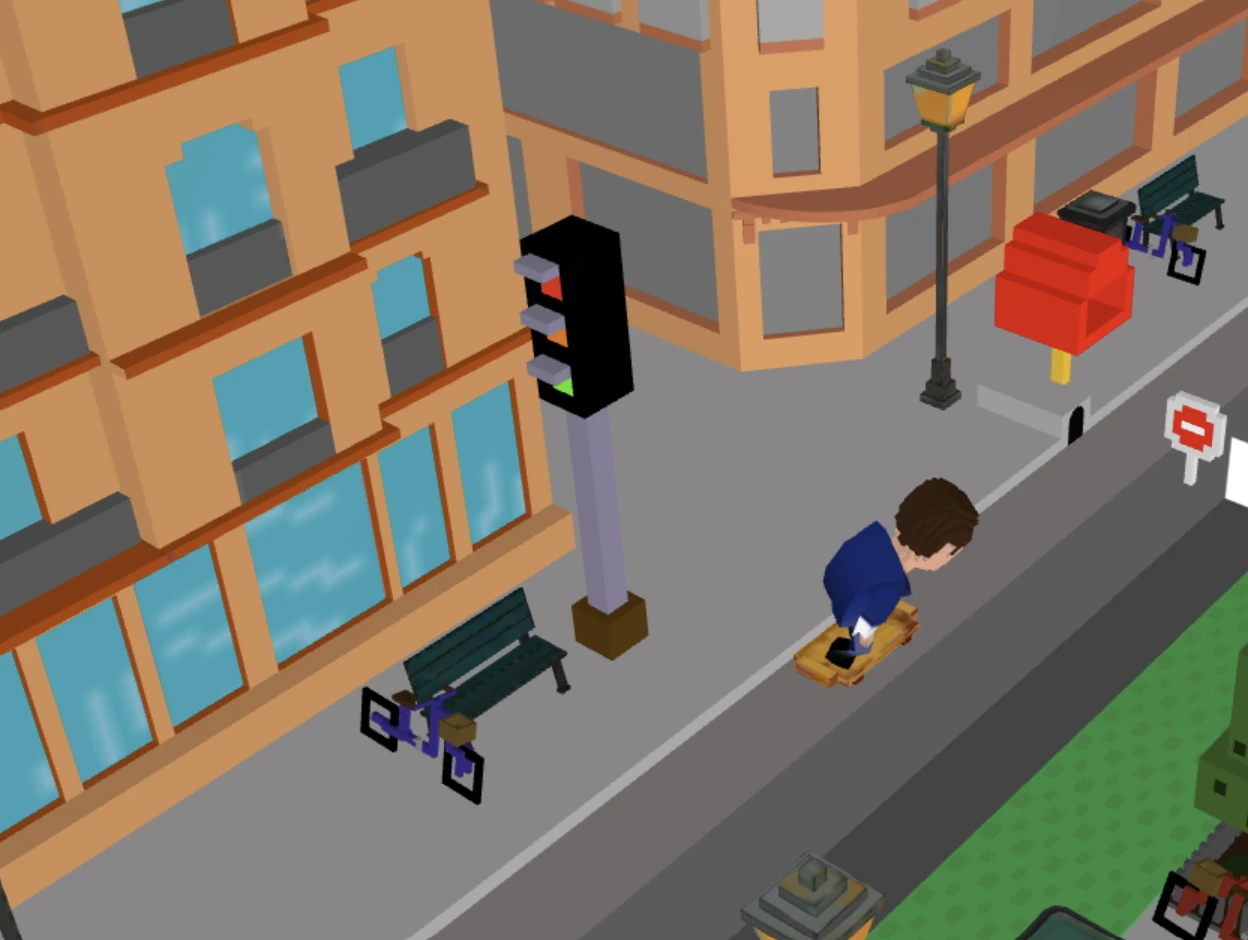 Macron campaign gameplay with a character riding through a low-poly city street