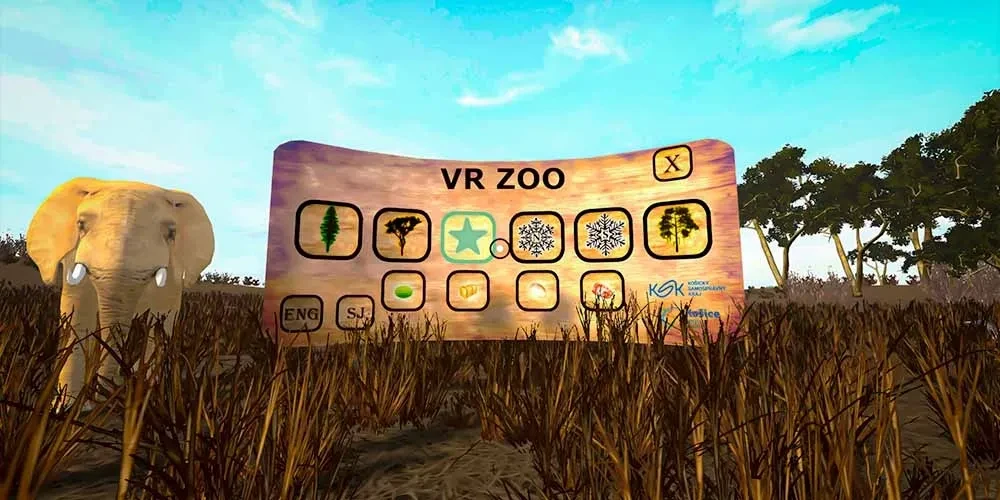VR Zoo: an elephant beside the interactive environment menu in a savannah landscape